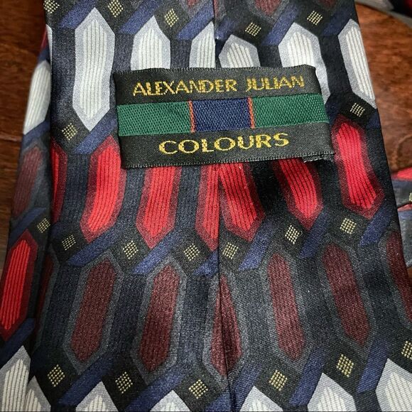 Alexander Julian Colours Silk Tie Red White Silver Black Blue - Picture 8 of 8
